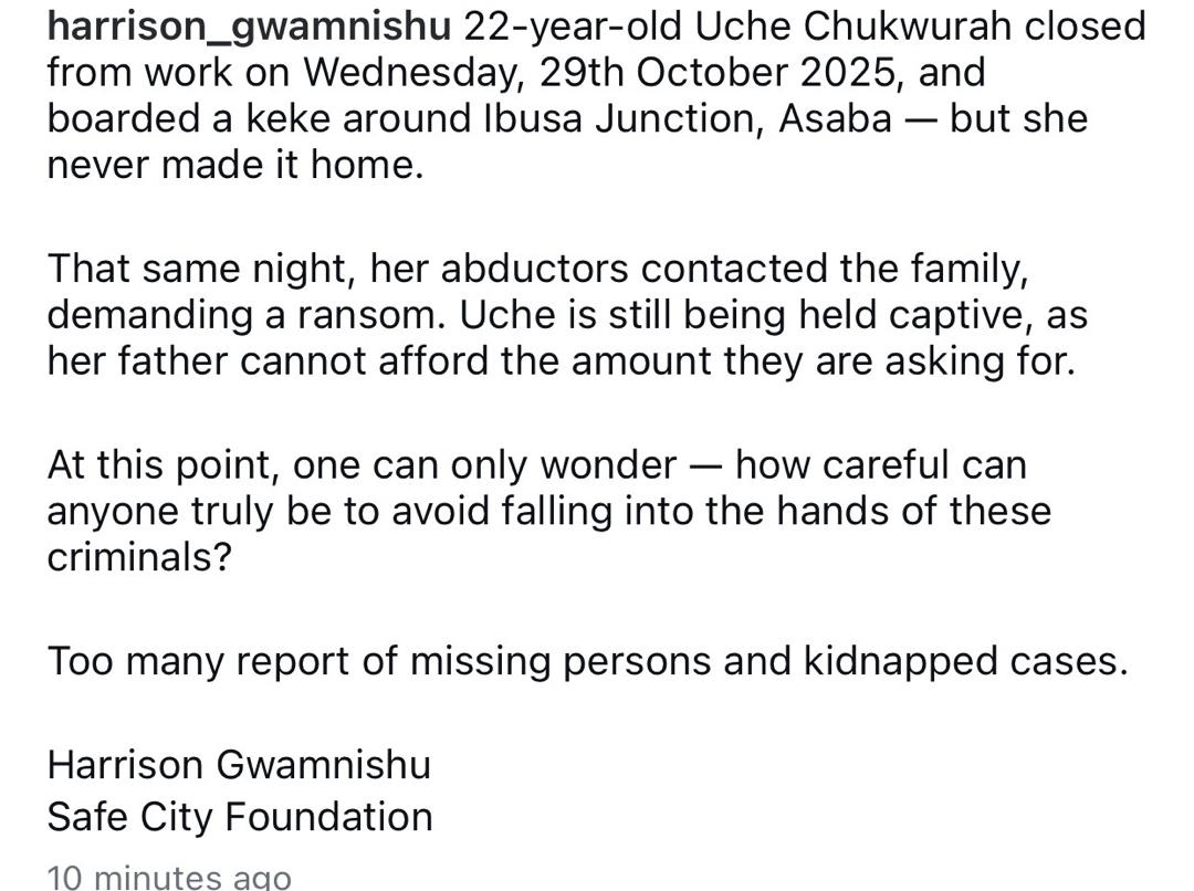 Activist, Harrison Gwamnishu, raises alarm as 22 year old lady is abducted after boarding a Keke Napep in Asaba
